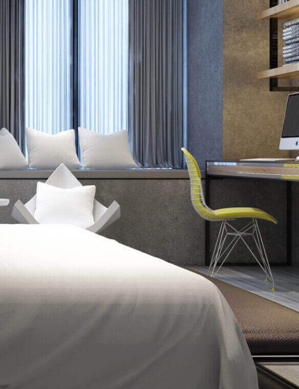 Bedroom interior design with study desk corner by Prestige Craft Interiors