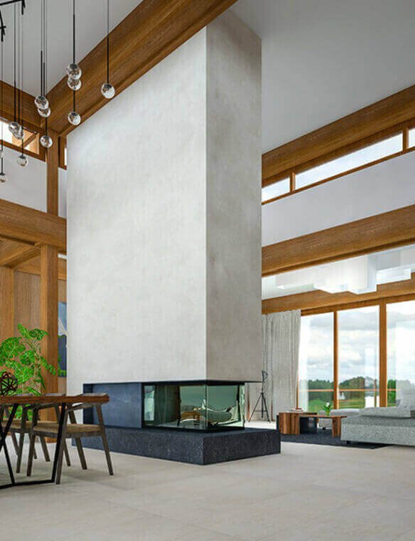 Living room interior design with vaulted wood-beam ceiling by Prestige Craft Interiors